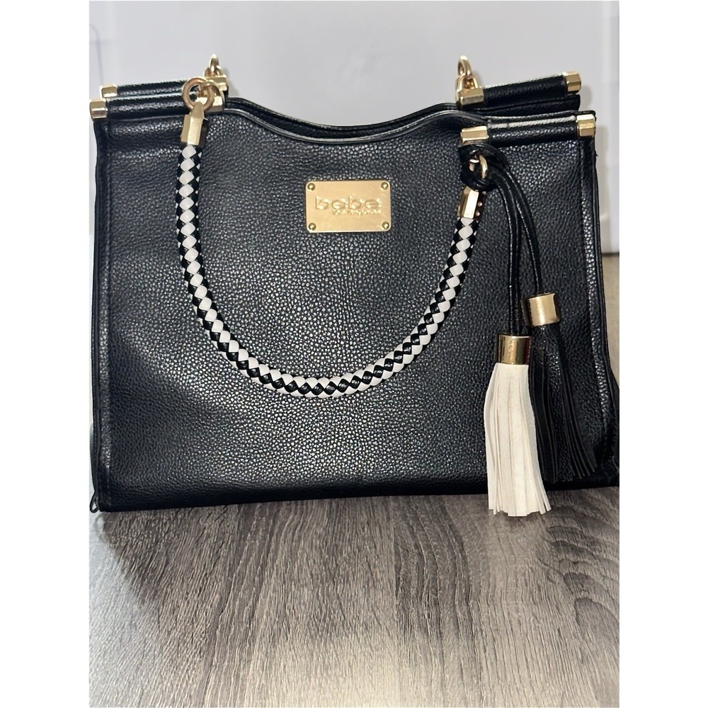 BEBE LOS ANGELES BLACK TASSEL BRAIDED LARGE HANDBAG DOUBLE HANDLE USED